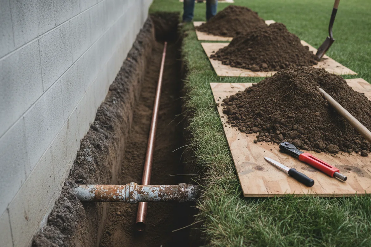 Excavated water line trench during Water Heater Repair in Kennebunkport